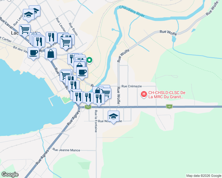 map of restaurants, bars, coffee shops, grocery stores, and more near 3735 Rue Montcalm in Lac-Mégantic