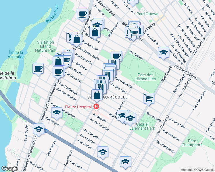 map of restaurants, bars, coffee shops, grocery stores, and more near 2404 Rue Fleury Est in Montreal