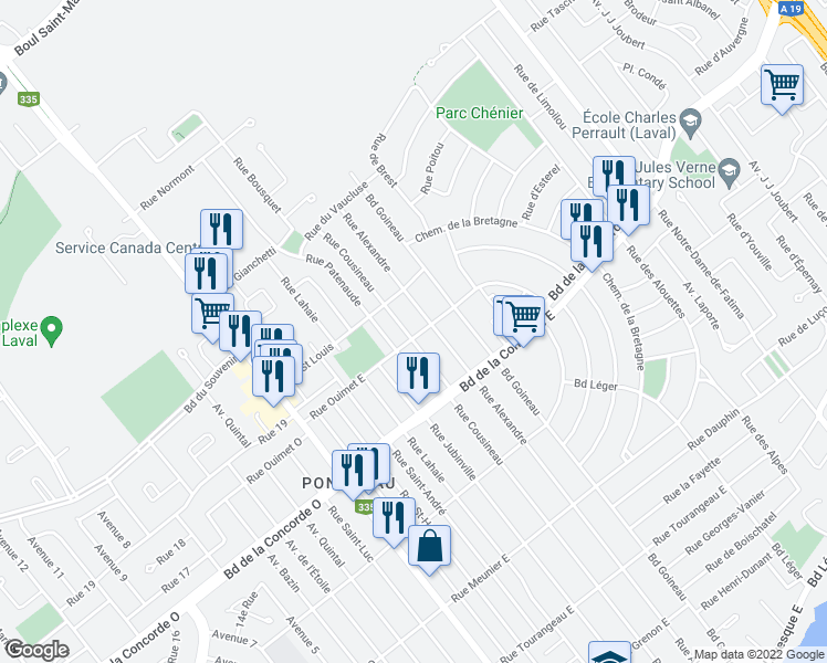map of restaurants, bars, coffee shops, grocery stores, and more near 583 Rue Cousineau in Laval