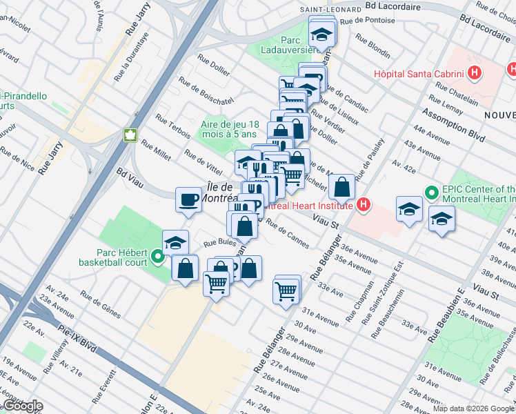 map of restaurants, bars, coffee shops, grocery stores, and more near 7250 Boulevard Viau in Montréal