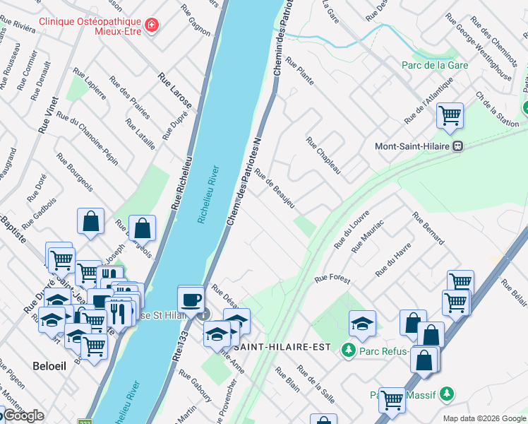 map of restaurants, bars, coffee shops, grocery stores, and more near 50 Rue des Érables in Mont-Saint-Hilaire
