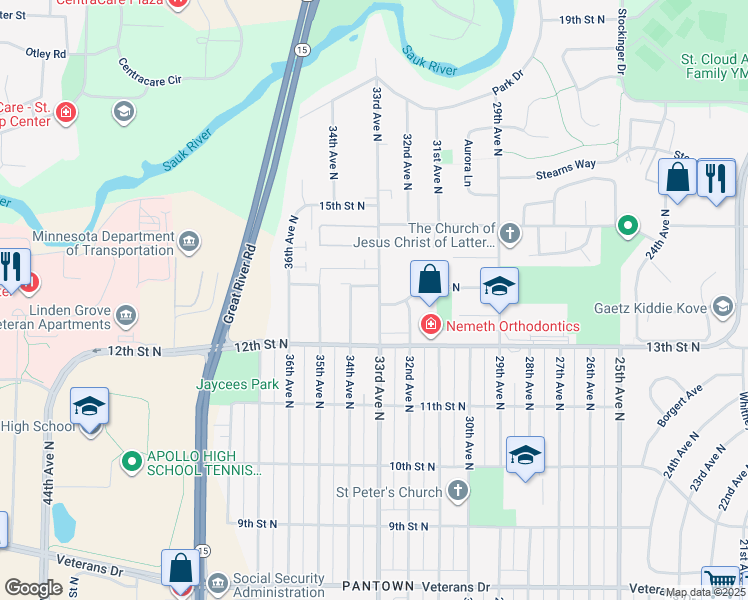 map of restaurants, bars, coffee shops, grocery stores, and more near 1231 33rd Avenue North in St. Cloud