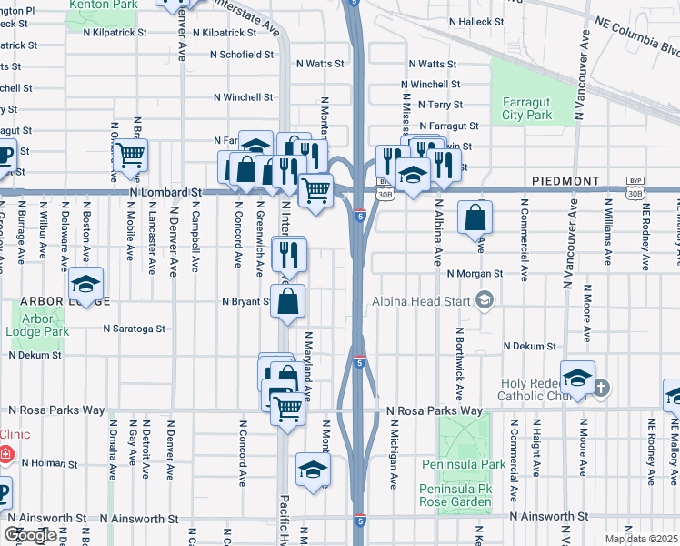 map of restaurants, bars, coffee shops, grocery stores, and more near 7050 North Montana Avenue in Portland