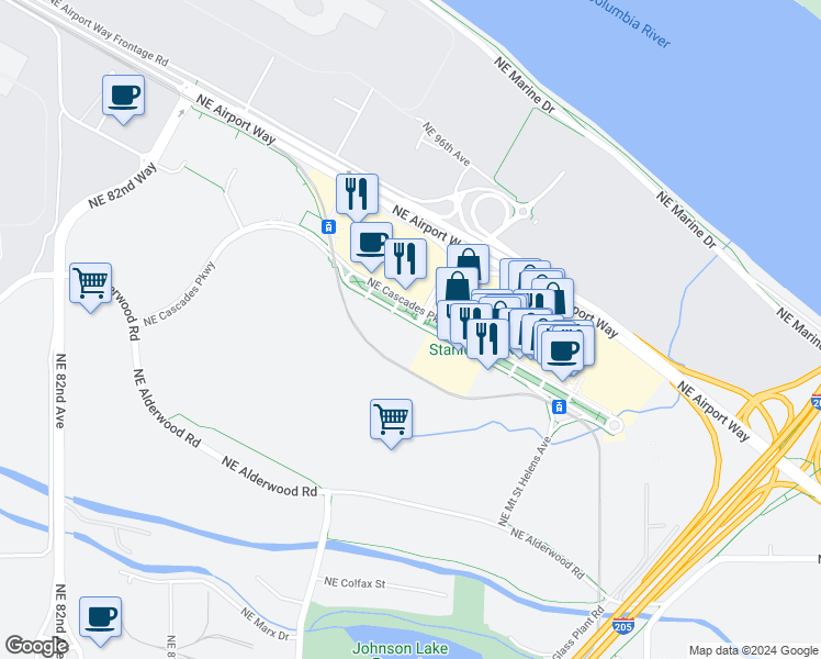 map of restaurants, bars, coffee shops, grocery stores, and more near 9600 Northeast Cascades Parkway in Portland