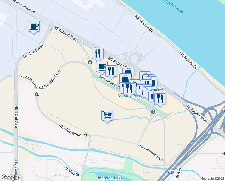 map of restaurants, bars, coffee shops, grocery stores, and more near 9600 Northeast Cascades Parkway in Portland