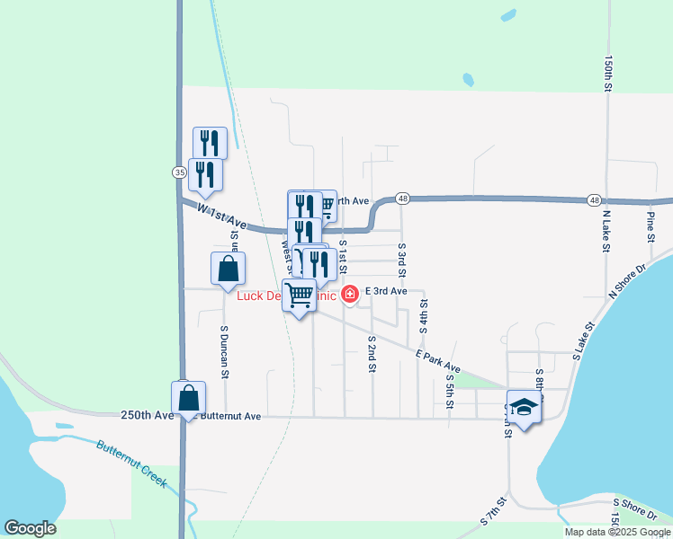 map of restaurants, bars, coffee shops, grocery stores, and more near 30 East 2nd Avenue in Luck