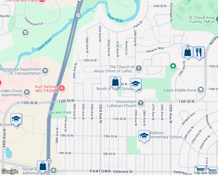 map of restaurants, bars, coffee shops, grocery stores, and more near 3200 14th Street North in Saint Cloud