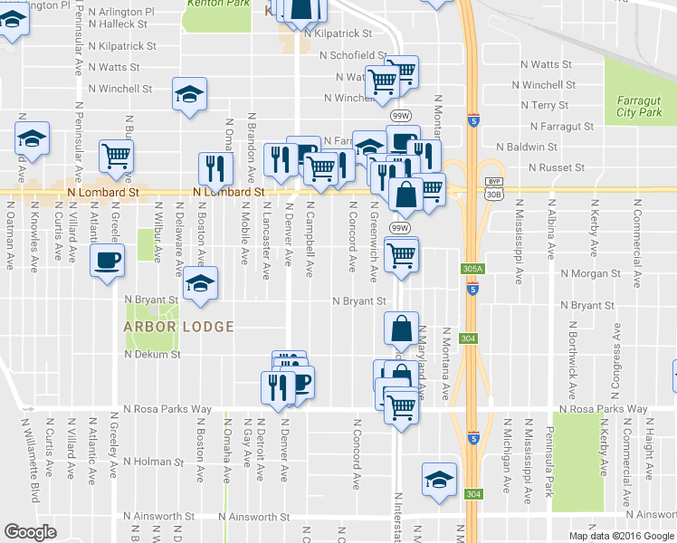 map of restaurants, bars, coffee shops, grocery stores, and more near 7104 N Fenwick Ave in Portland