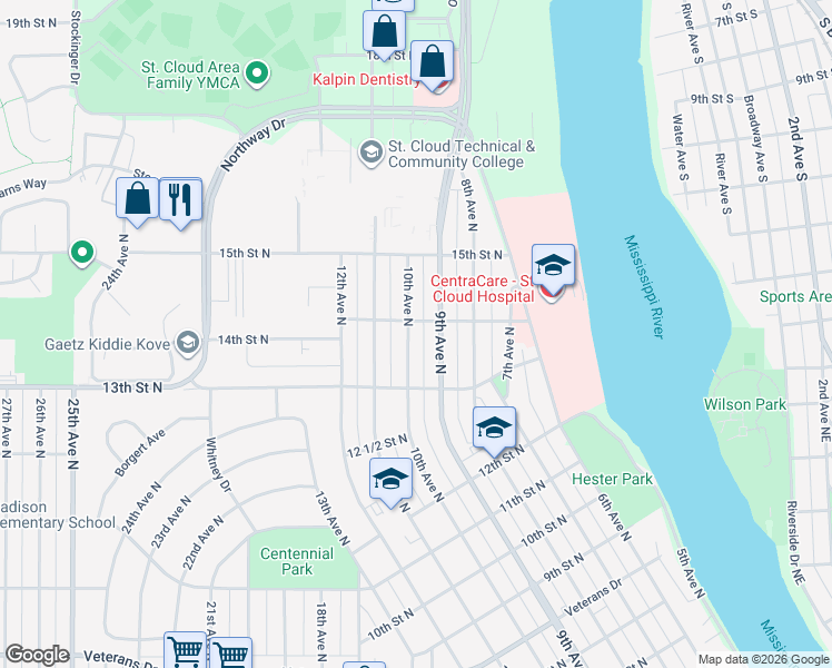 map of restaurants, bars, coffee shops, grocery stores, and more near 1344 10th Avenue North in St. Cloud