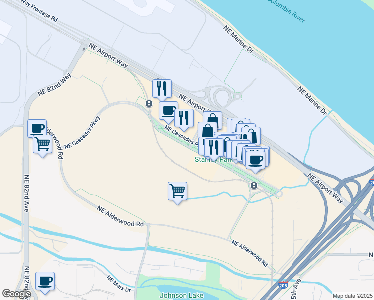 map of restaurants, bars, coffee shops, grocery stores, and more near 9700-9726 Northeast Cascades Parkway in Portland
