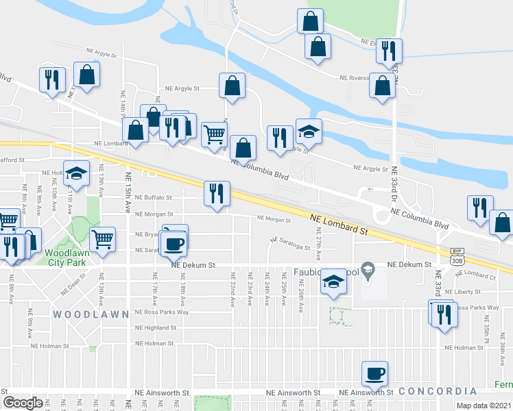 map of restaurants, bars, coffee shops, grocery stores, and more near 2326 Northeast Lombard Street in Portland