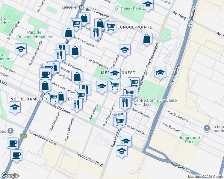 map of restaurants, bars, coffee shops, grocery stores, and more near 6022 Avenue Pierre-De Coubertin in Montréal