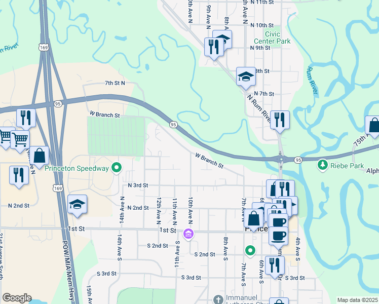 map of restaurants, bars, coffee shops, grocery stores, and more near 315 10th Avenue North in Princeton