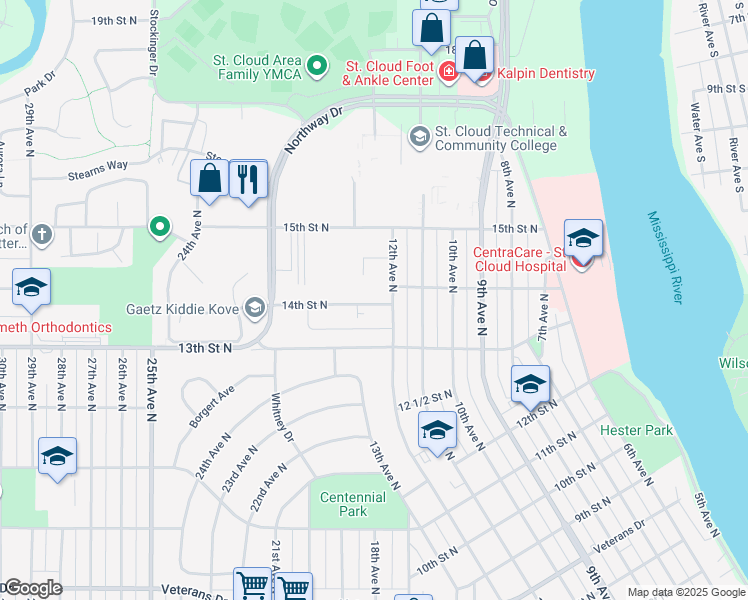 map of restaurants, bars, coffee shops, grocery stores, and more near 1215 14th Street North in St. Cloud