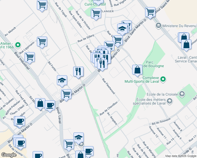 map of restaurants, bars, coffee shops, grocery stores, and more near 1750 Rue Fleetwood in Laval