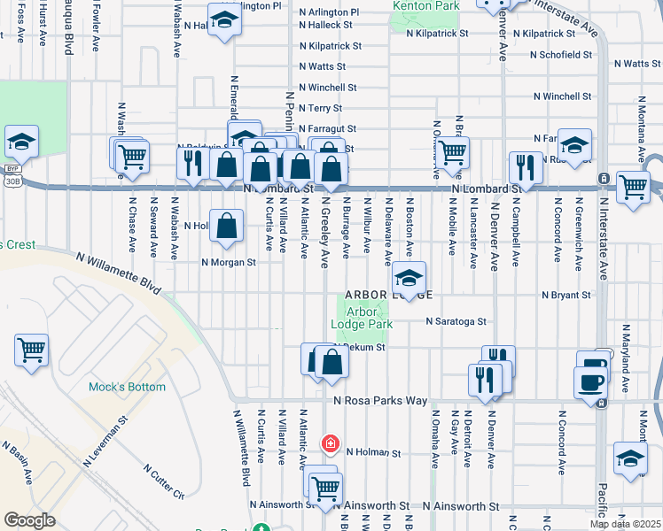 map of restaurants, bars, coffee shops, grocery stores, and more near 7104 North Greeley Avenue in Portland