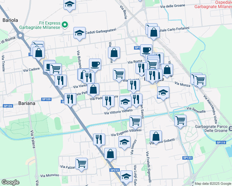 map of restaurants, bars, coffee shops, grocery stores, and more near 3 Via Silvio Pellico in Garbagnate Milanese