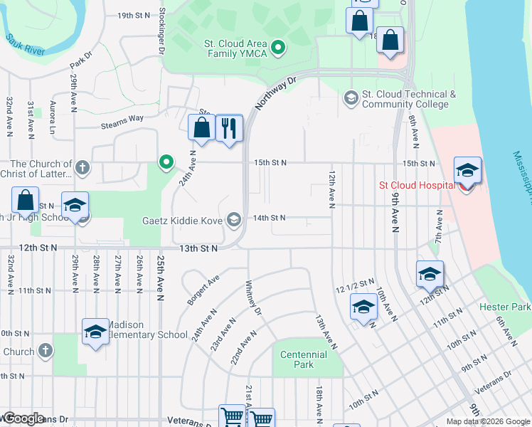 map of restaurants, bars, coffee shops, grocery stores, and more near 1335 14th Street North in St. Cloud