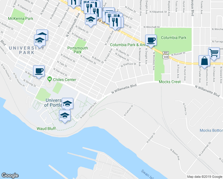 map of restaurants, bars, coffee shops, grocery stores, and more near 4729 North Willamette Boulevard in Portland