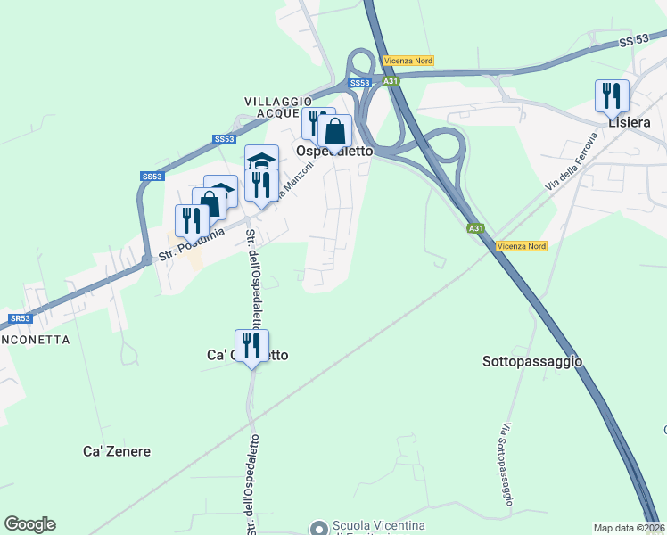 map of restaurants, bars, coffee shops, grocery stores, and more near 88 Via Palladio in Province of Vicenza