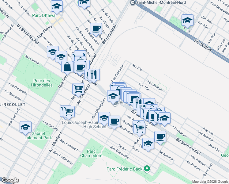 map of restaurants, bars, coffee shops, grocery stores, and more near 9334 12e Avenue in Montréal