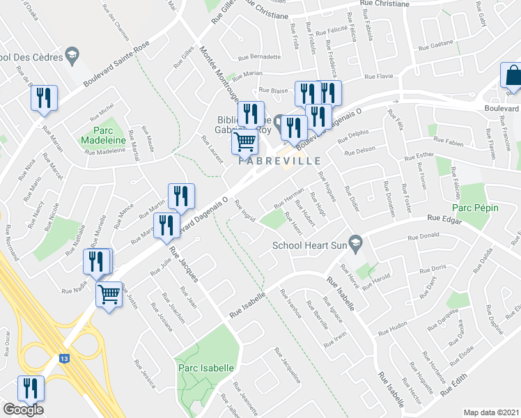 map of restaurants, bars, coffee shops, grocery stores, and more near 3573 Croissant Heloise in Laval