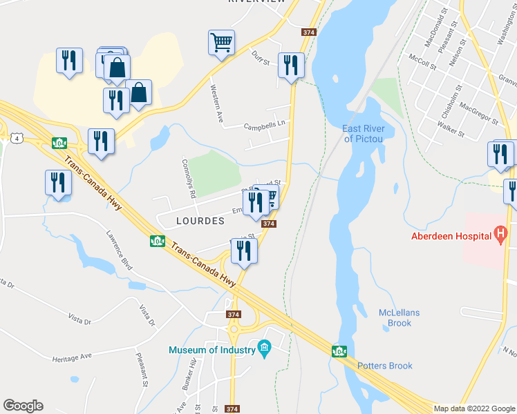 map of restaurants, bars, coffee shops, grocery stores, and more near 11 Emmanuel Street in New Glasgow