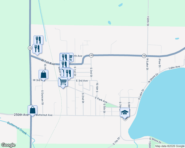map of restaurants, bars, coffee shops, grocery stores, and more near 204 South 3rd Street in Luck