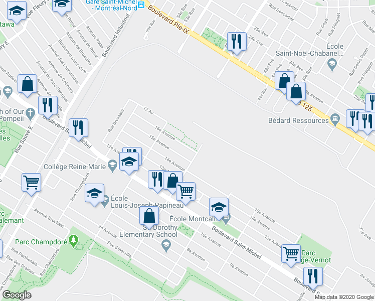 map of restaurants, bars, coffee shops, grocery stores, and more near 9080 16e Avenue in Montréal