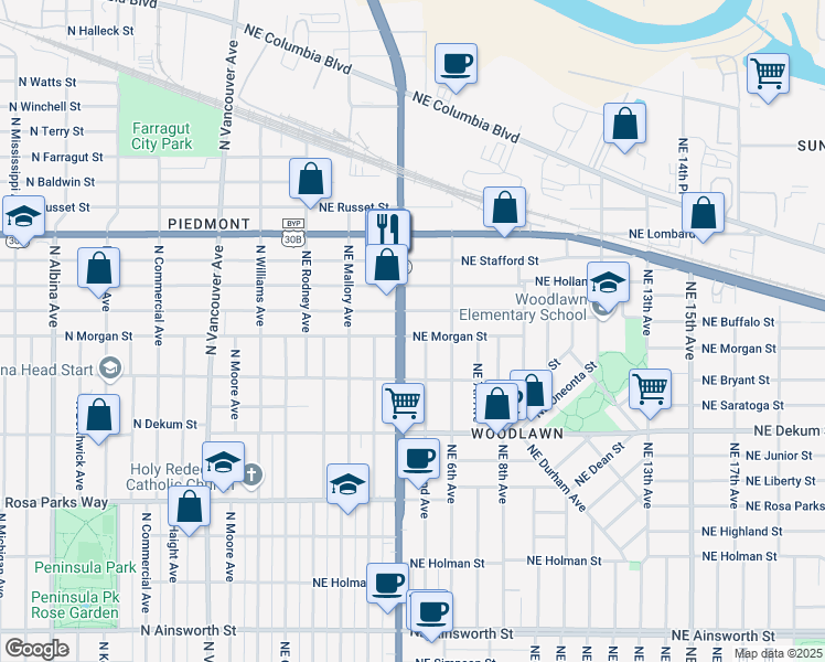 map of restaurants, bars, coffee shops, grocery stores, and more near 409 North Morgan Street in Portland