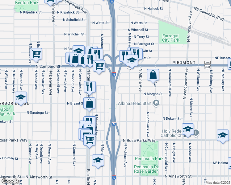 map of restaurants, bars, coffee shops, grocery stores, and more near 7050 North Montana Avenue in Portland