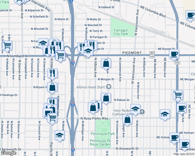 map of restaurants, bars, coffee shops, grocery stores, and more near 777 North Morgan Street in Portland