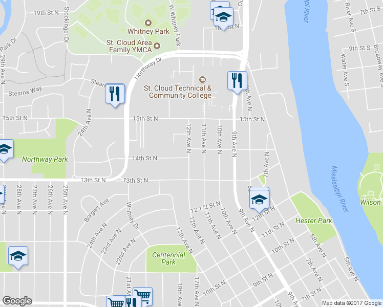 map of restaurants, bars, coffee shops, grocery stores, and more near 1346 12th Avenue North in St. Cloud