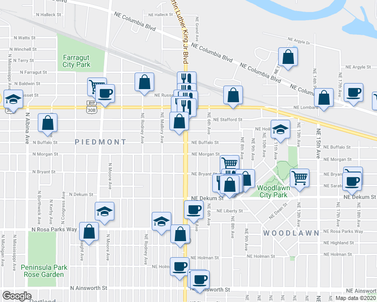 map of restaurants, bars, coffee shops, grocery stores, and more near 409 North Morgan Street in Portland