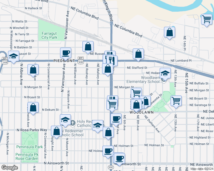 map of restaurants, bars, coffee shops, grocery stores, and more near 235 Northeast Morgan Street in Portland