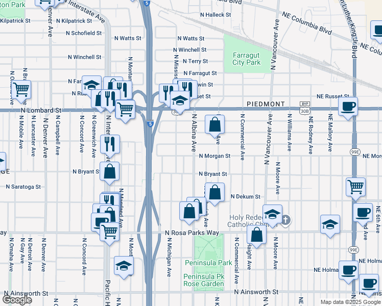 map of restaurants, bars, coffee shops, grocery stores, and more near 777 North Morgan Street in Portland