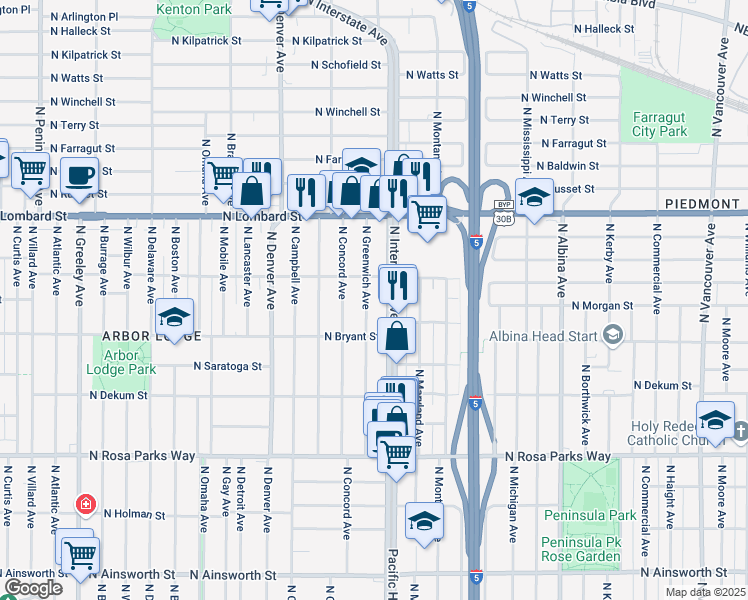 map of restaurants, bars, coffee shops, grocery stores, and more near 7103 North Greenwich Avenue in Portland