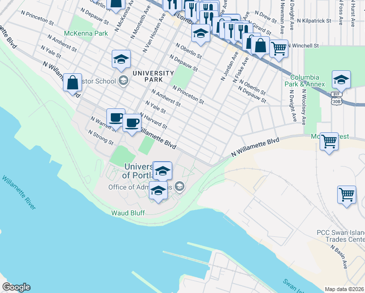 map of restaurants, bars, coffee shops, grocery stores, and more near 4903 North Willamette Boulevard in Portland