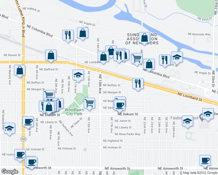map of restaurants, bars, coffee shops, grocery stores, and more near 1606 Northeast Buffalo Street in Portland