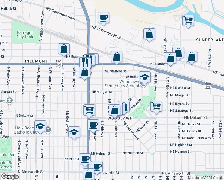 map of restaurants, bars, coffee shops, grocery stores, and more near 717 Northeast Morgan Street in Portland