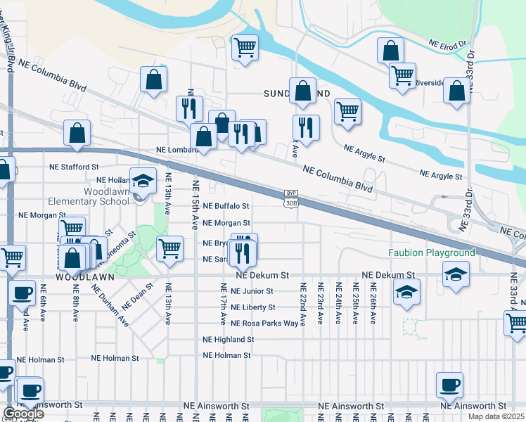 map of restaurants, bars, coffee shops, grocery stores, and more near 1910 NE Buffalo St in Portland