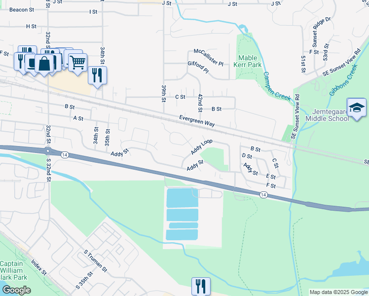 map of restaurants, bars, coffee shops, grocery stores, and more near 4087 Southeast A Loop in Washougal