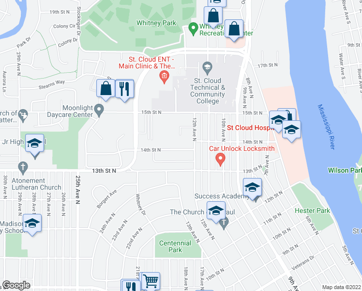 map of restaurants, bars, coffee shops, grocery stores, and more near 1215 14th Street North in St. Cloud