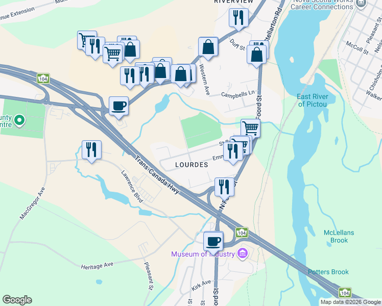 map of restaurants, bars, coffee shops, grocery stores, and more near 38 Saint Bernard Street in New Glasgow