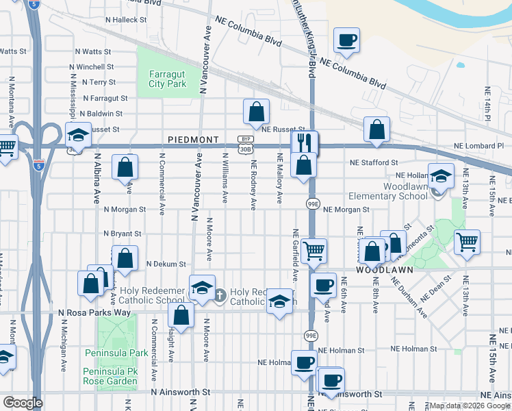map of restaurants, bars, coffee shops, grocery stores, and more near 105 Northeast Morgan Street in Portland
