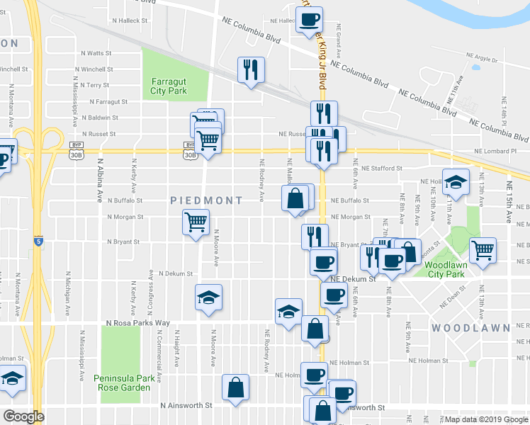 map of restaurants, bars, coffee shops, grocery stores, and more near 105 Northeast Morgan Street in Portland