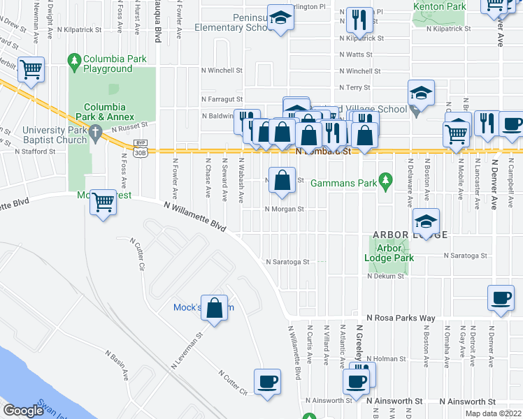 map of restaurants, bars, coffee shops, grocery stores, and more near N Vincent Ave & N Morgan St in Portland