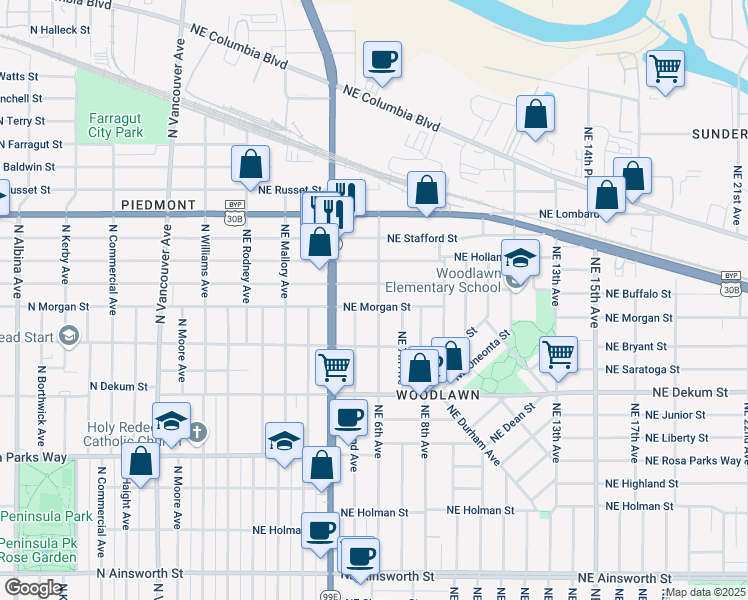 map of restaurants, bars, coffee shops, grocery stores, and more near 537 Northeast Morgan Street in Portland