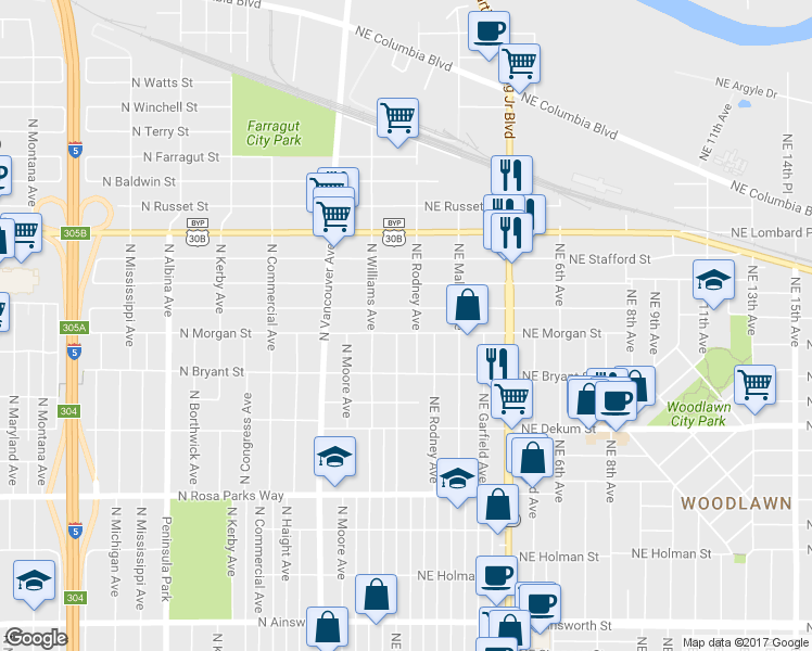 map of restaurants, bars, coffee shops, grocery stores, and more near 65 Northeast Morgan Street in Portland