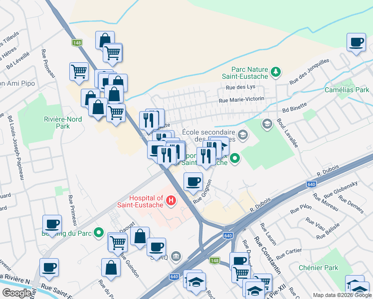map of restaurants, bars, coffee shops, grocery stores, and more near 70 Rue Lespérance in Saint-Eustache